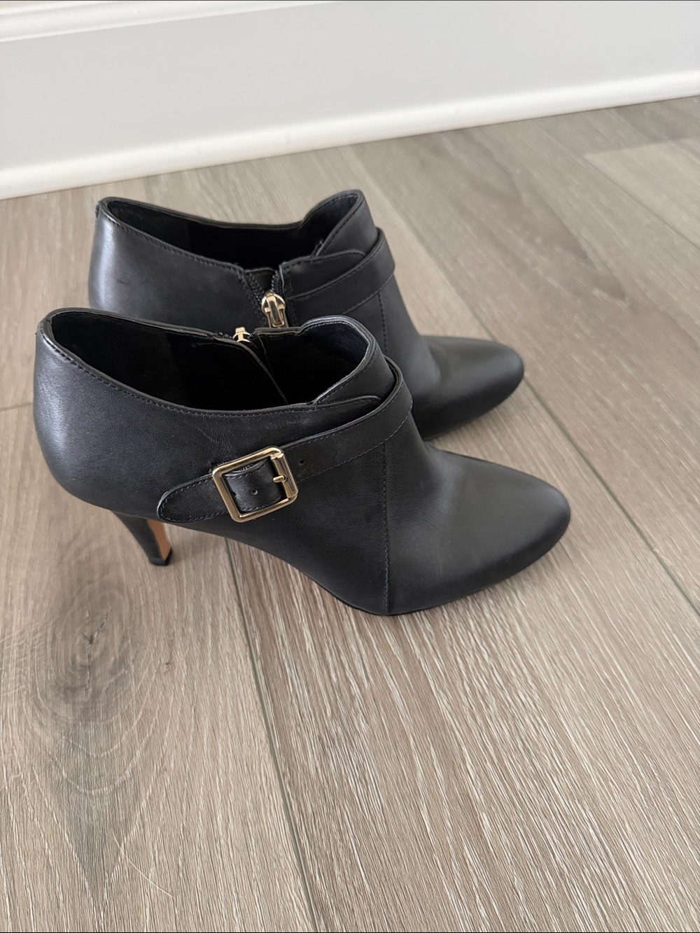 Vince Camuto Black Leather Ankle Booties with Gold Buckle